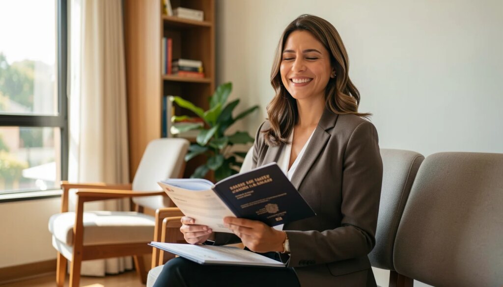 Visto Americano em Salvador: Agende sua Entrevista no Consulado sem Estresse Mulher sorrindo segurando passaporte e documentos em sala de espera moderna.