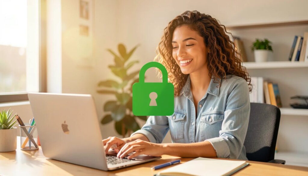 Jovem mulher sorrindo aliviada ao verificar segurança em laptop.